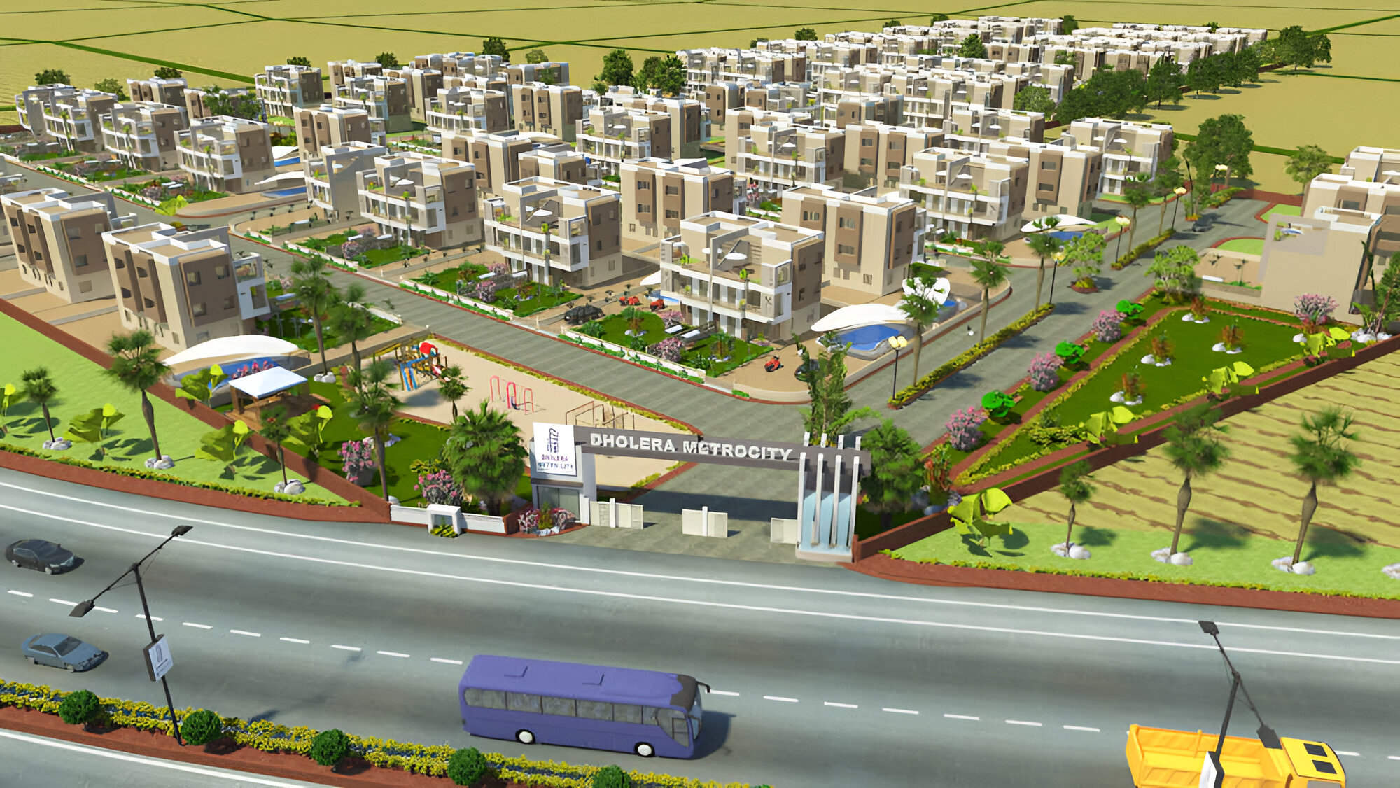 Dholera residential project render with internal roads and landscaped entry